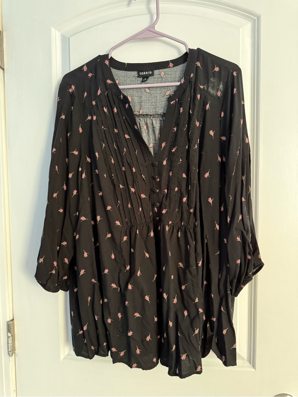 torrid Black Blouse with Pink Floral Pintucks